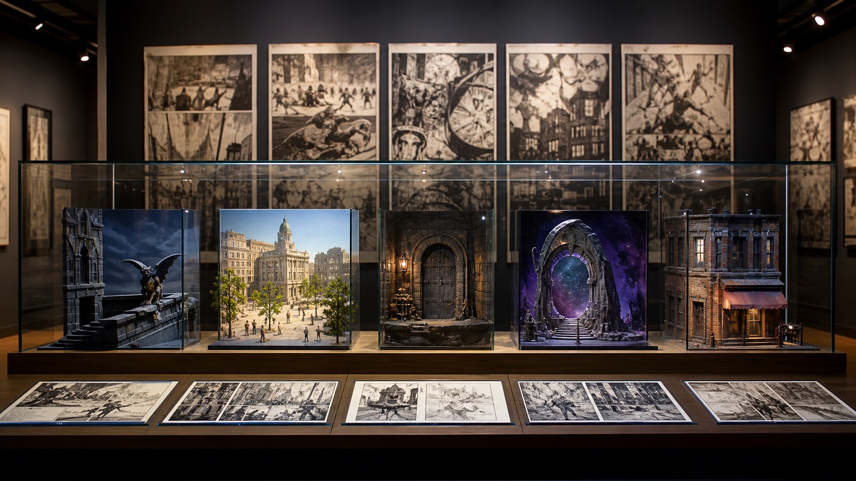 A museum display presents glass-cased miniature comic location archetypes with unmarked art behind them.