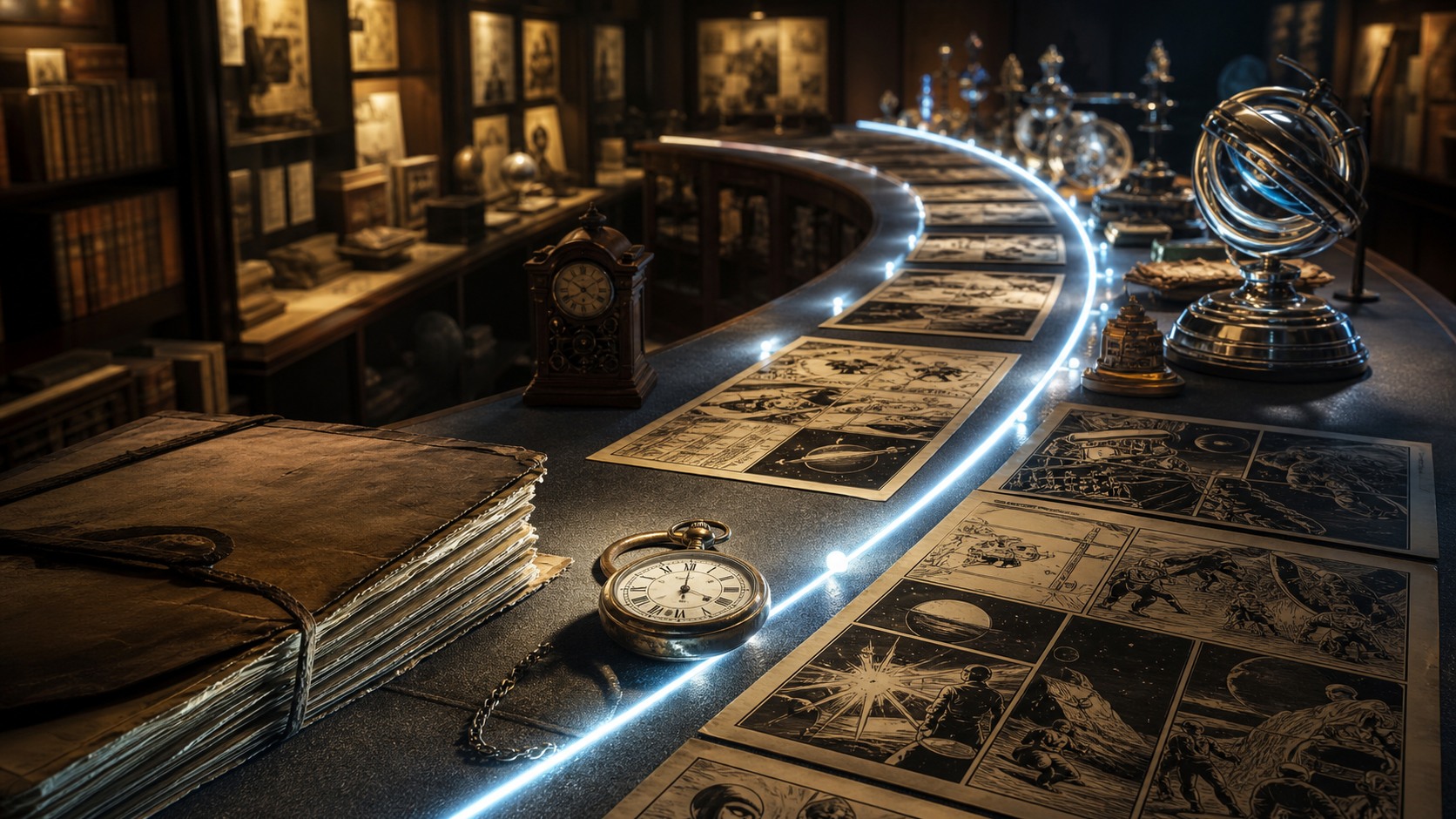 Archive table with comic pages, clocks, and a glowing curved path suggesting time travel.