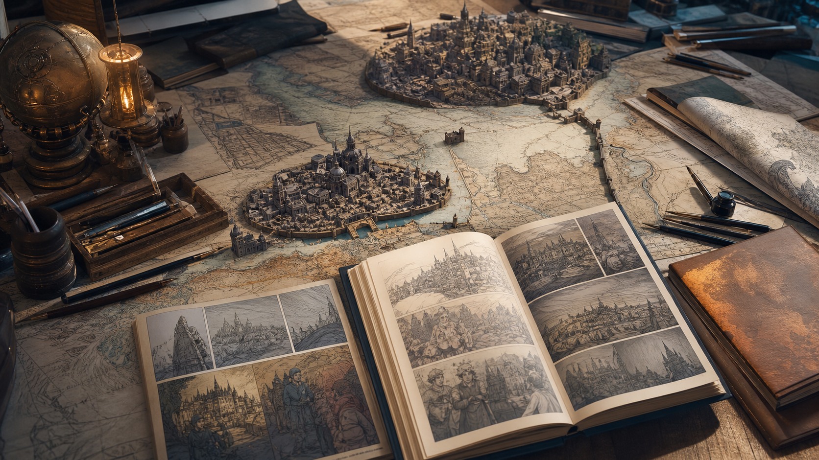 Miniature fictional cities and unmarked comic pages sit on an alternate-history atlas.