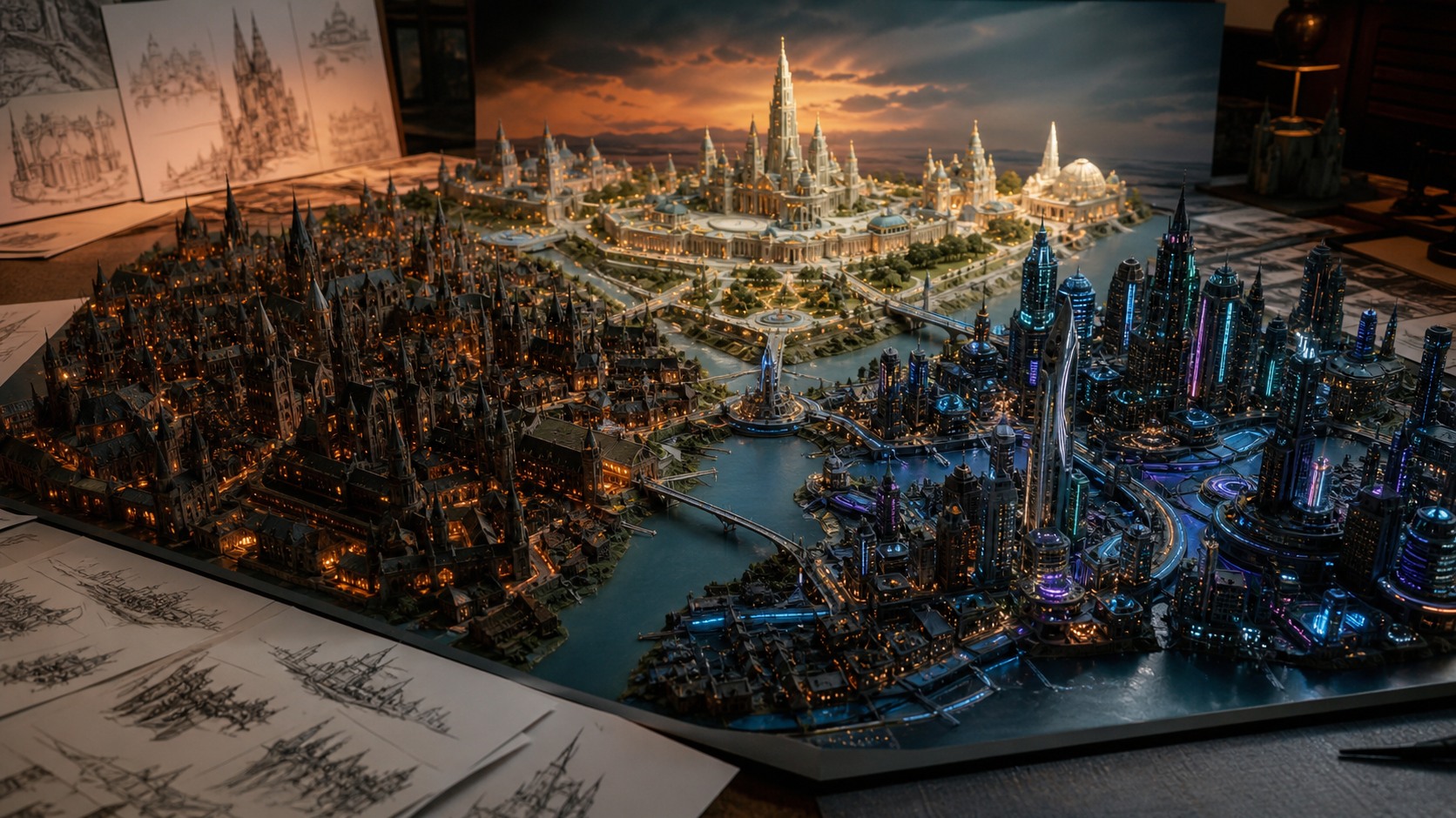 A panoramic miniature shows three original fictional comic cities connected by rivers and bridges at twilight.