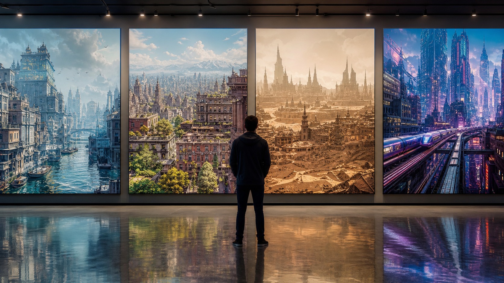 Gallery visitor studies several large comic-style panels showing different versions of one fictional city.