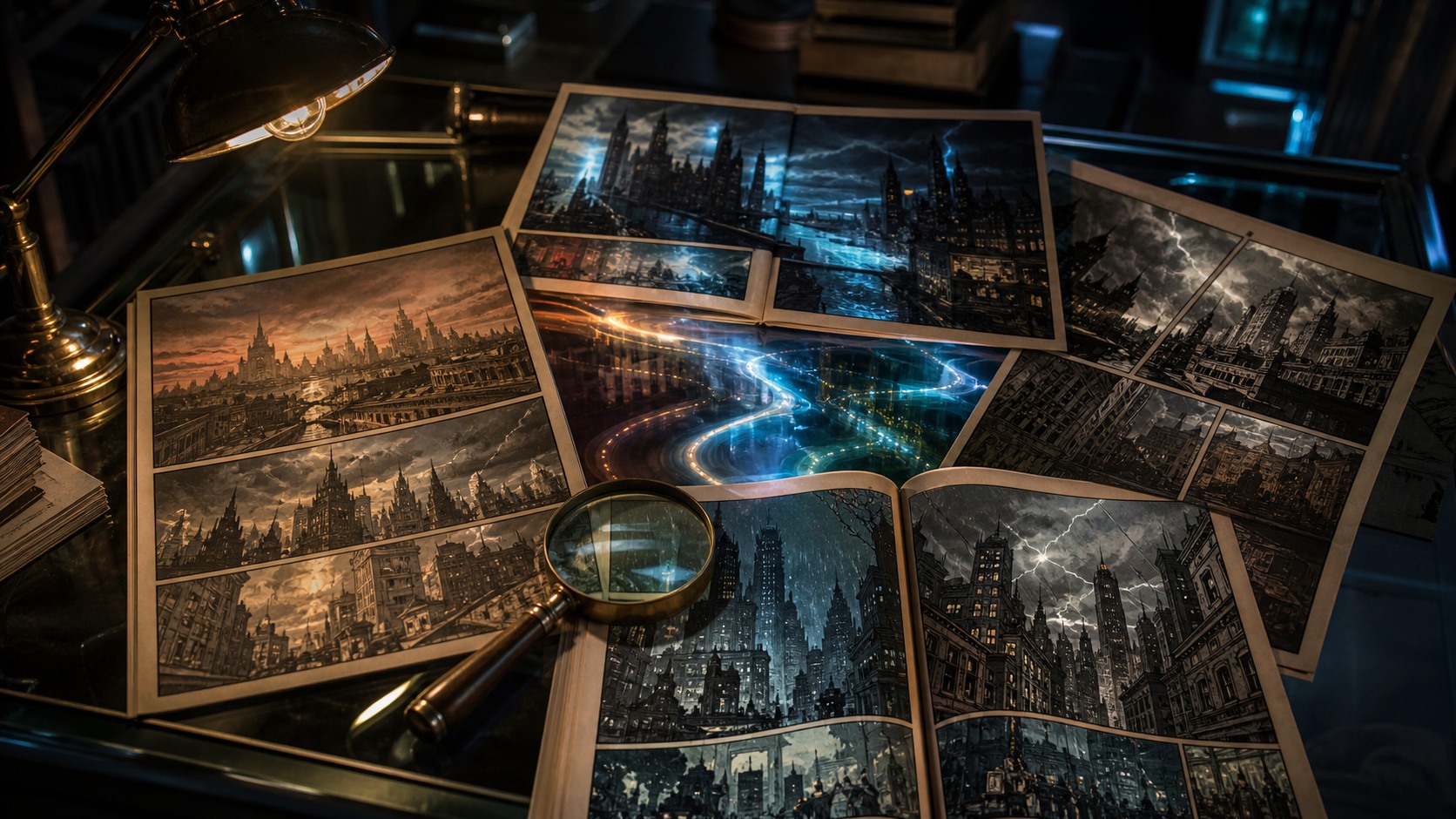 Open comic pages on a desk show several alternate city timelines under a magnifying glass.