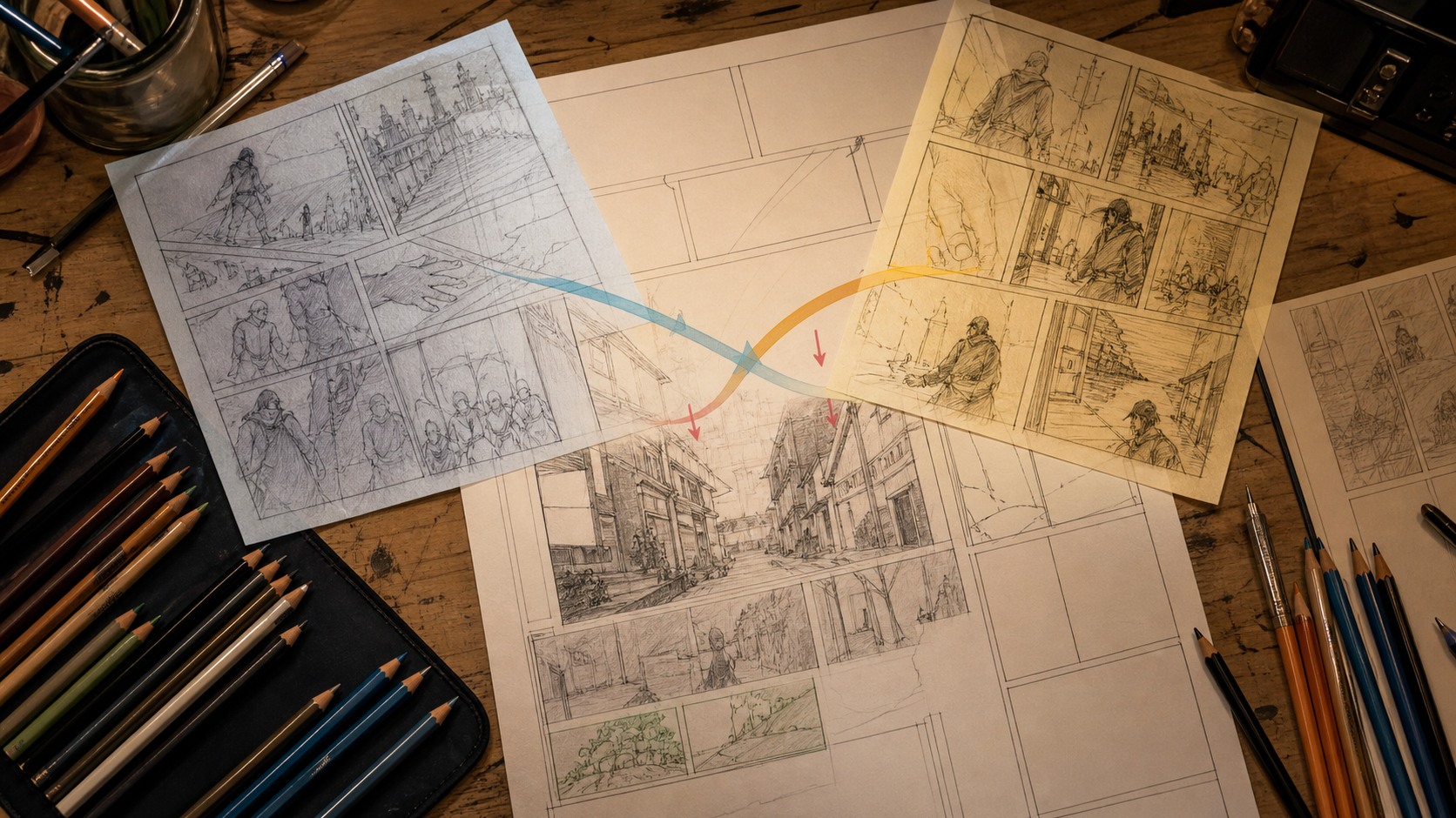 Comic artist studio table with layered storyboard pages and crossing colored paths.