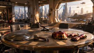A high-tech command room displays symbolic ensemble gear around a round table.