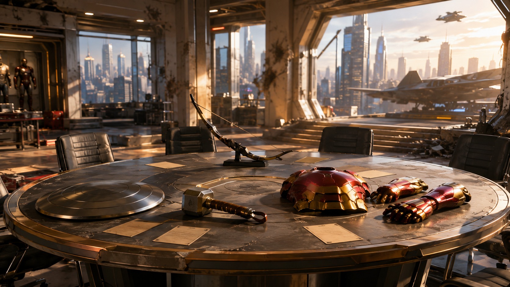 A high-tech command room displays symbolic ensemble gear around a round table.