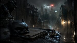 A rain-dark city ledge holds detective gear and a dark mask-like form.