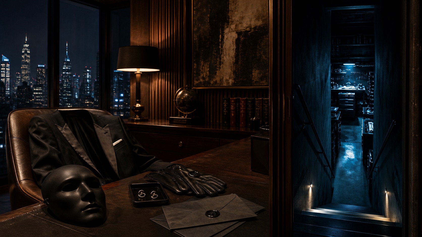 A penthouse study contrasts public elegance with a hidden nocturnal workshop.