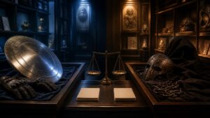 A split-lit archive compares two anti-hero traditions with symbolic gear.