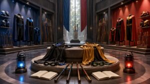 A museum training gallery compares sidekick gear, lanterns, masks, and notebooks.