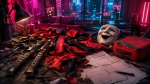 A neon repair bench holds red and black fabric, comedy-mask imagery, and blank panels.