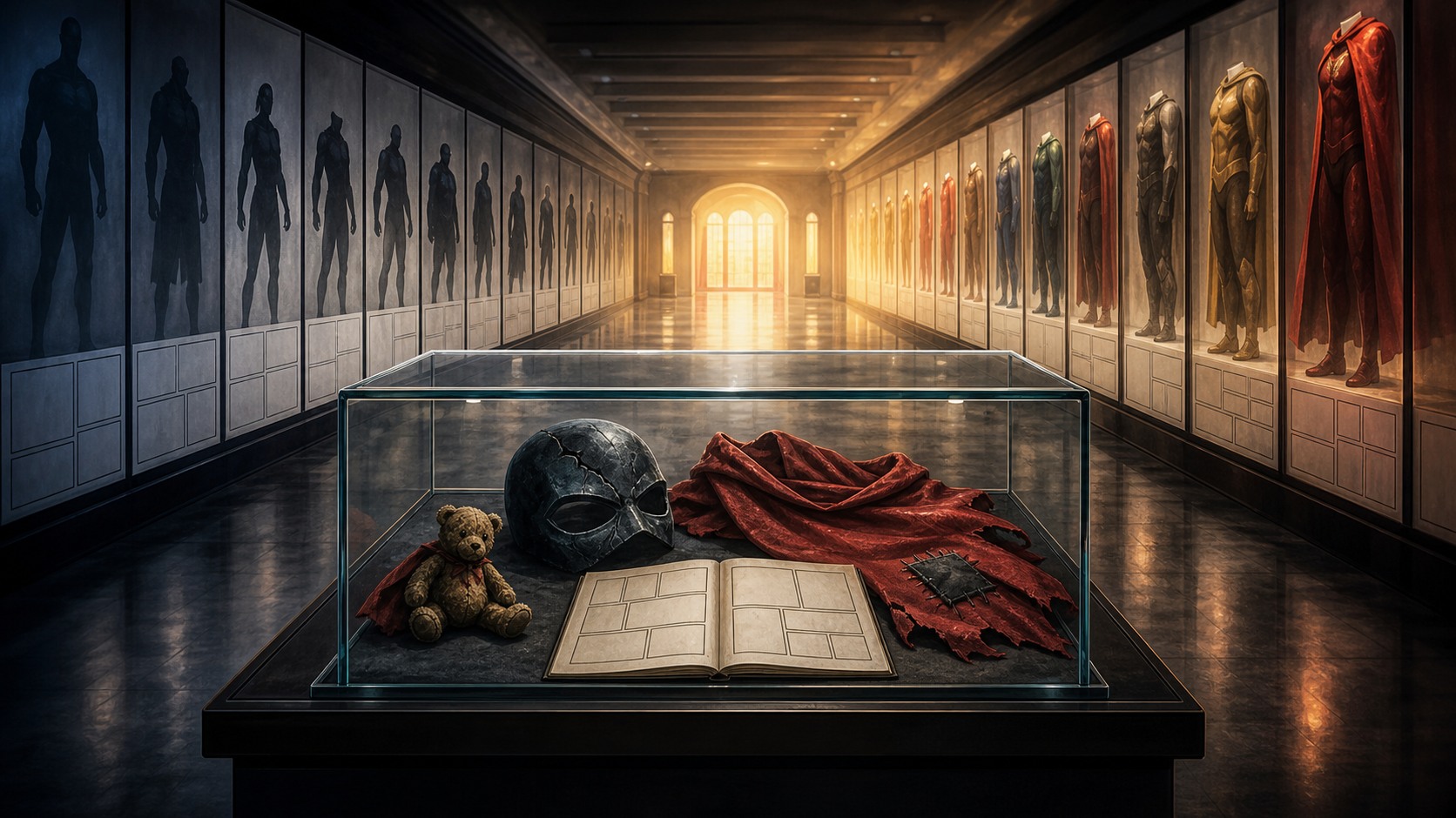A museum corridor shows symbolic costume progression and repaired heroic objects.