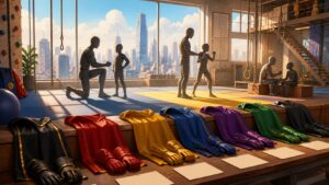 A bright training loft displays colorful apprentice gear and mentor practice stations.