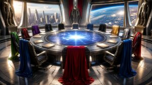 A circular headquarters chamber presents many empty team chairs and colorful capes.