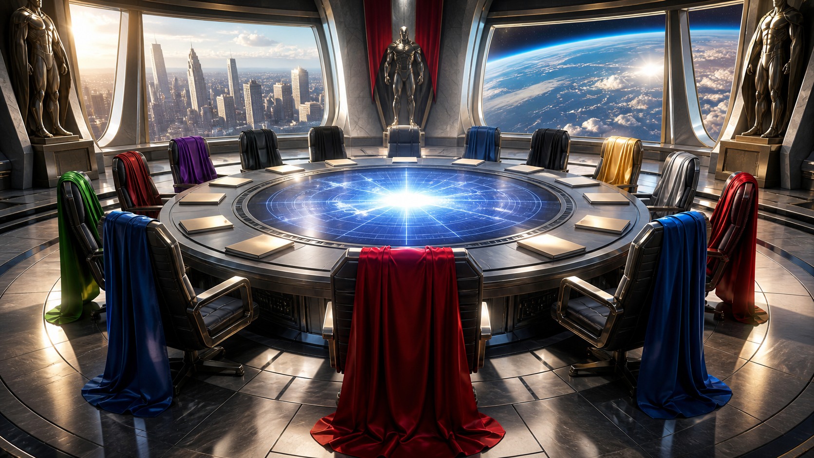 A circular headquarters chamber presents many empty team chairs and colorful capes.