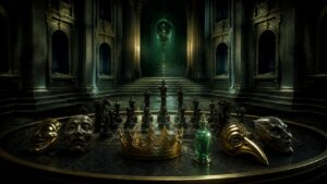 A shadowy hall displays villain masks, a crown, chess pieces, and green glass.