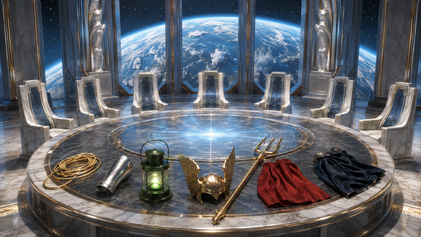 An orbital hall shows ceremonial league objects around a glowing table.