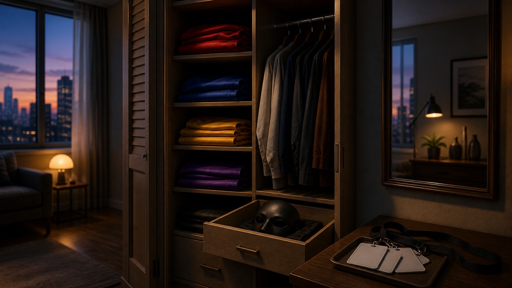 An apartment closet hides colorful capes, everyday clothes, and blank identity cards.