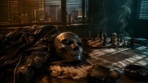 A gritty safehouse table displays anti-hero props, chess pieces, and blank cards.