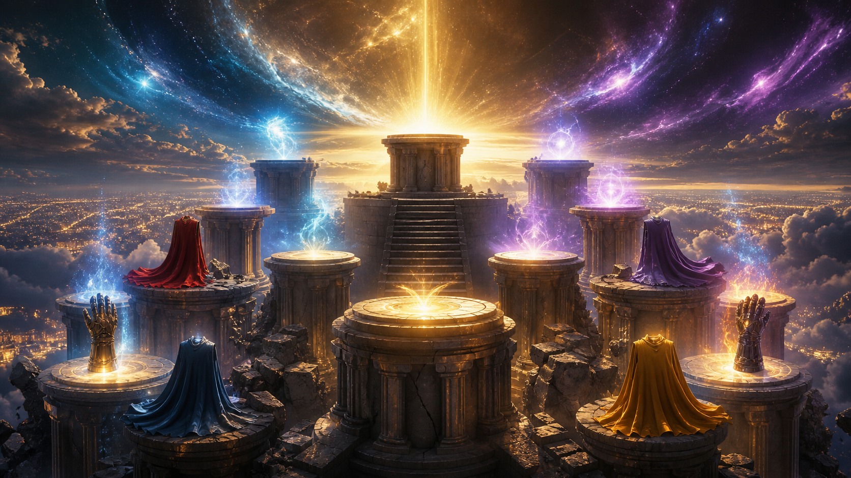 Cosmic pedestals hold symbolic heroic gear beneath radiant energy.