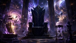A cosmic throne room holds villain power artifacts, an hourglass, and fractured planets.