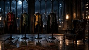 A gothic training hall shows four legacy sidekick outfits beside an empty mentor chair.