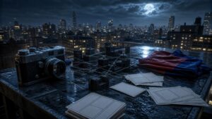 Rooftop story props suggest a street-level comic hero balancing responsibility and danger.