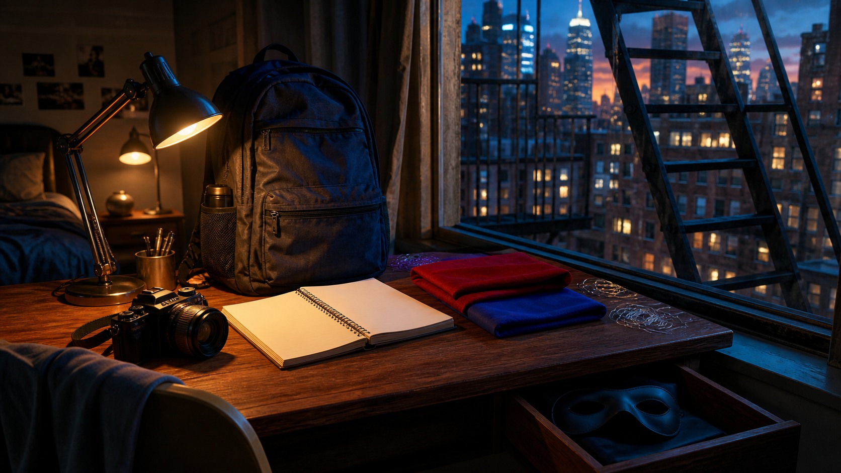 A small apartment desk shows a backpack, camera, folded fabric, and a hidden mask.