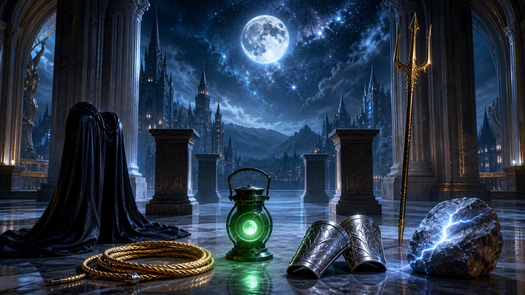 A moonlit marble hall displays mythic heroic objects under a starry sky.