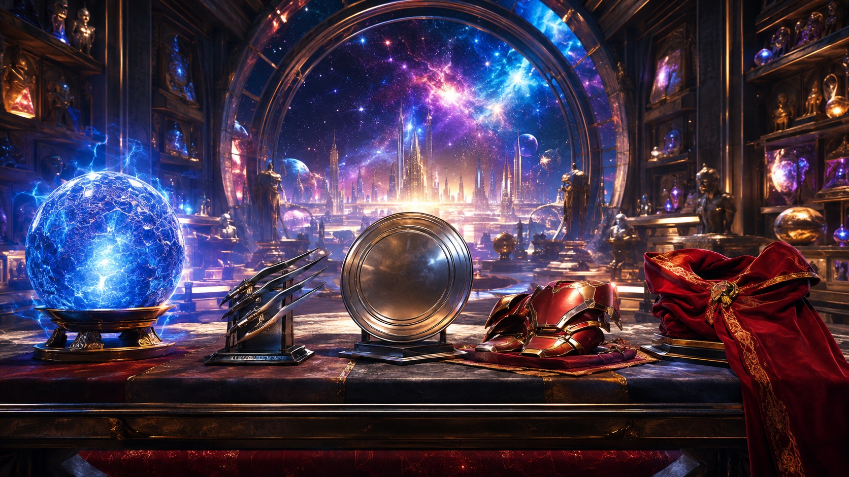 A colorful cosmic archive displays power objects on a long table.