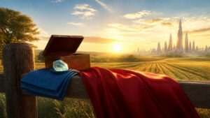 A sunrise farm scene holds heroic fabric, a keepsake box, and a glowing crystal.