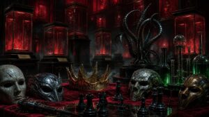 A crimson archive shows villain masks, laboratory glass, and mechanical sculpture.