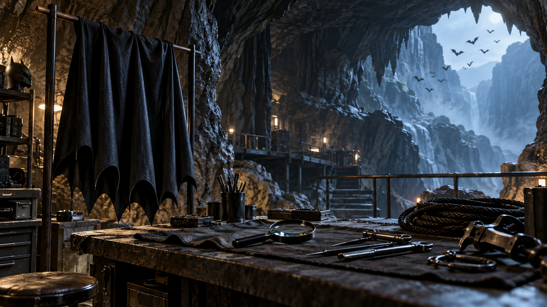 An empty dark cape hangs in a limestone cavern above a workbench of plain detective tools, with bats flying toward blue dawn light.