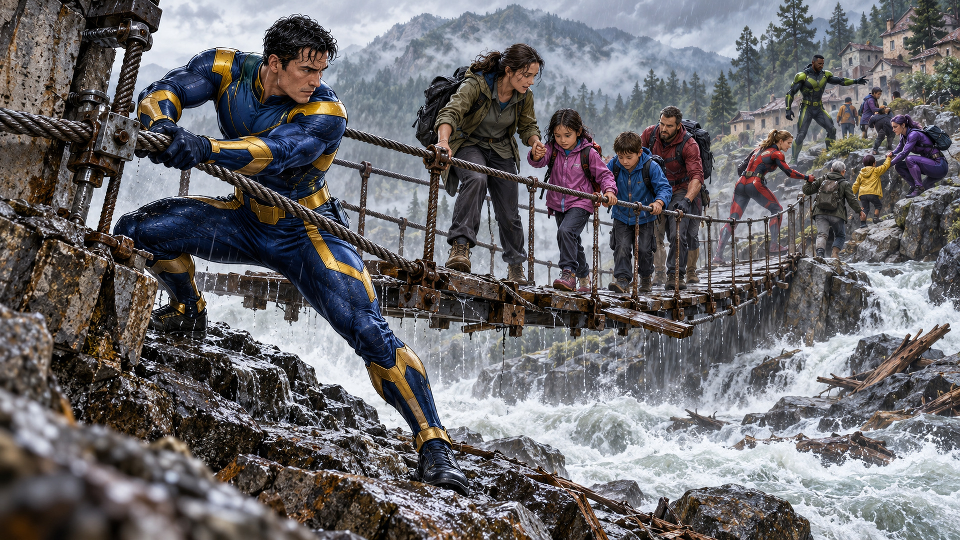 An original blue-and-gold costumed hero steadies a damaged footbridge while neighbors help a family cross above floodwater.