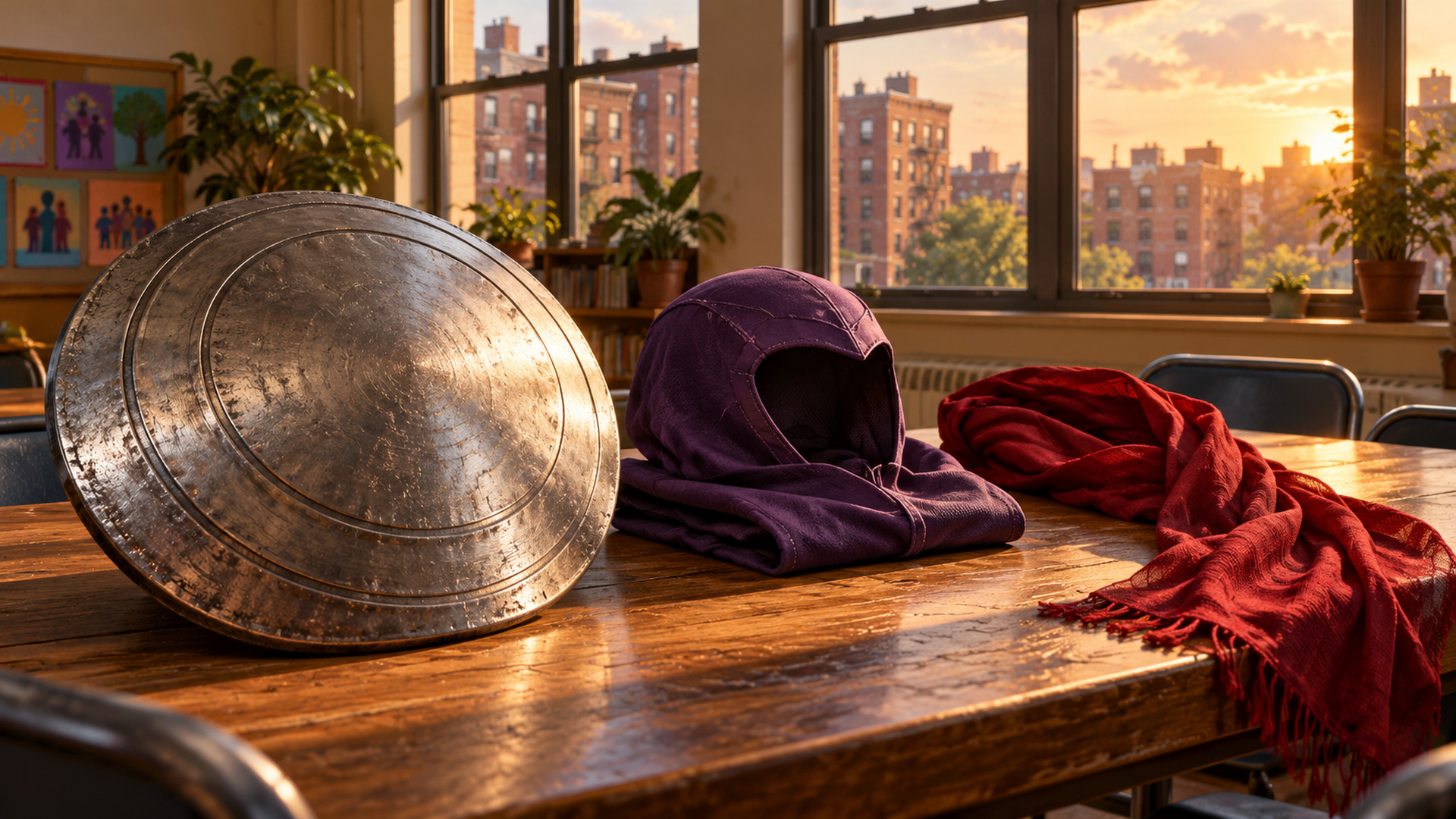 A plain metal shield, purple fabric cowl, and folded red scarf rest on a sunlit community-center table.