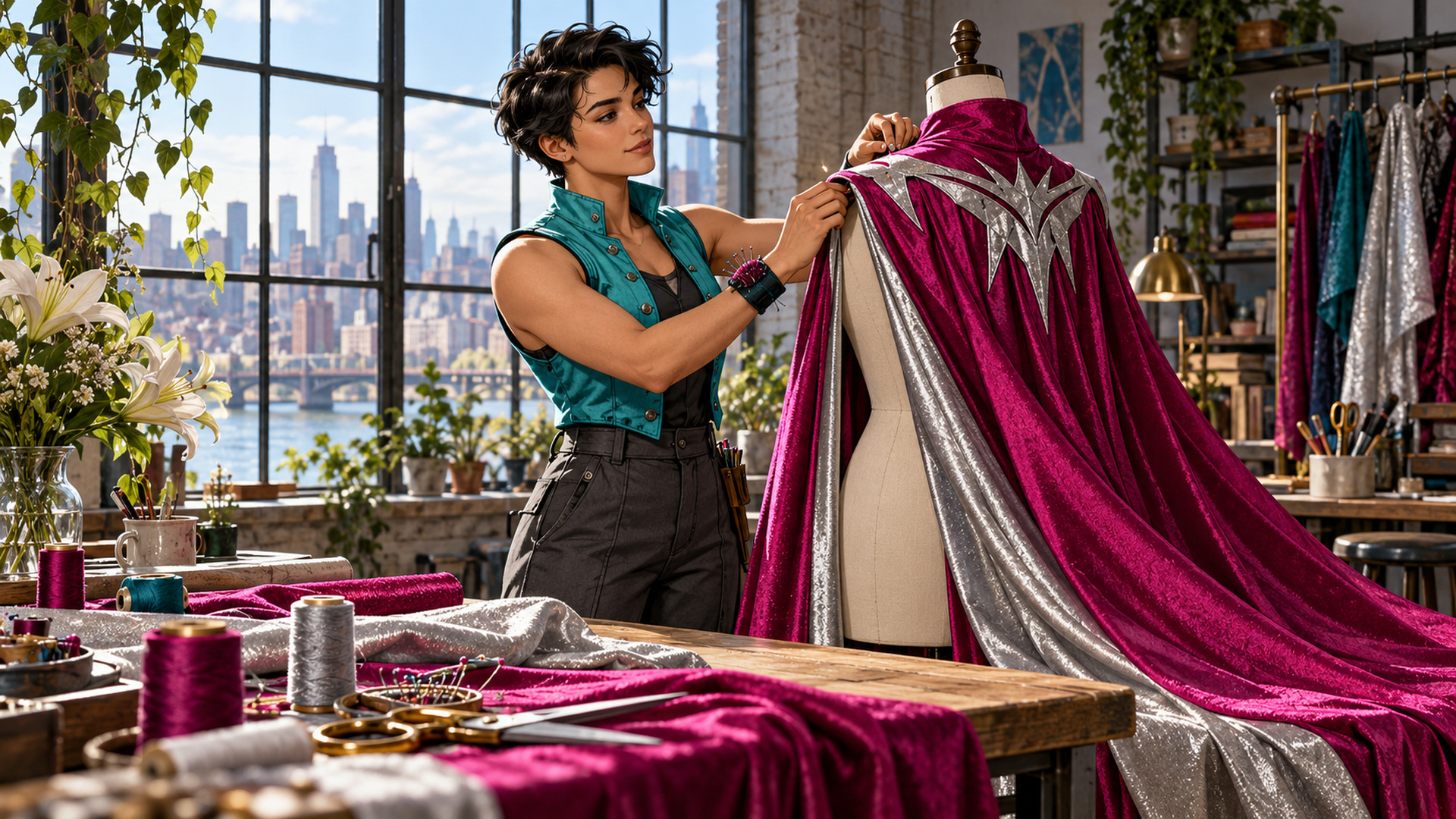 An androgynous adult hero works on a magenta cape in a sunlit costume workshop.