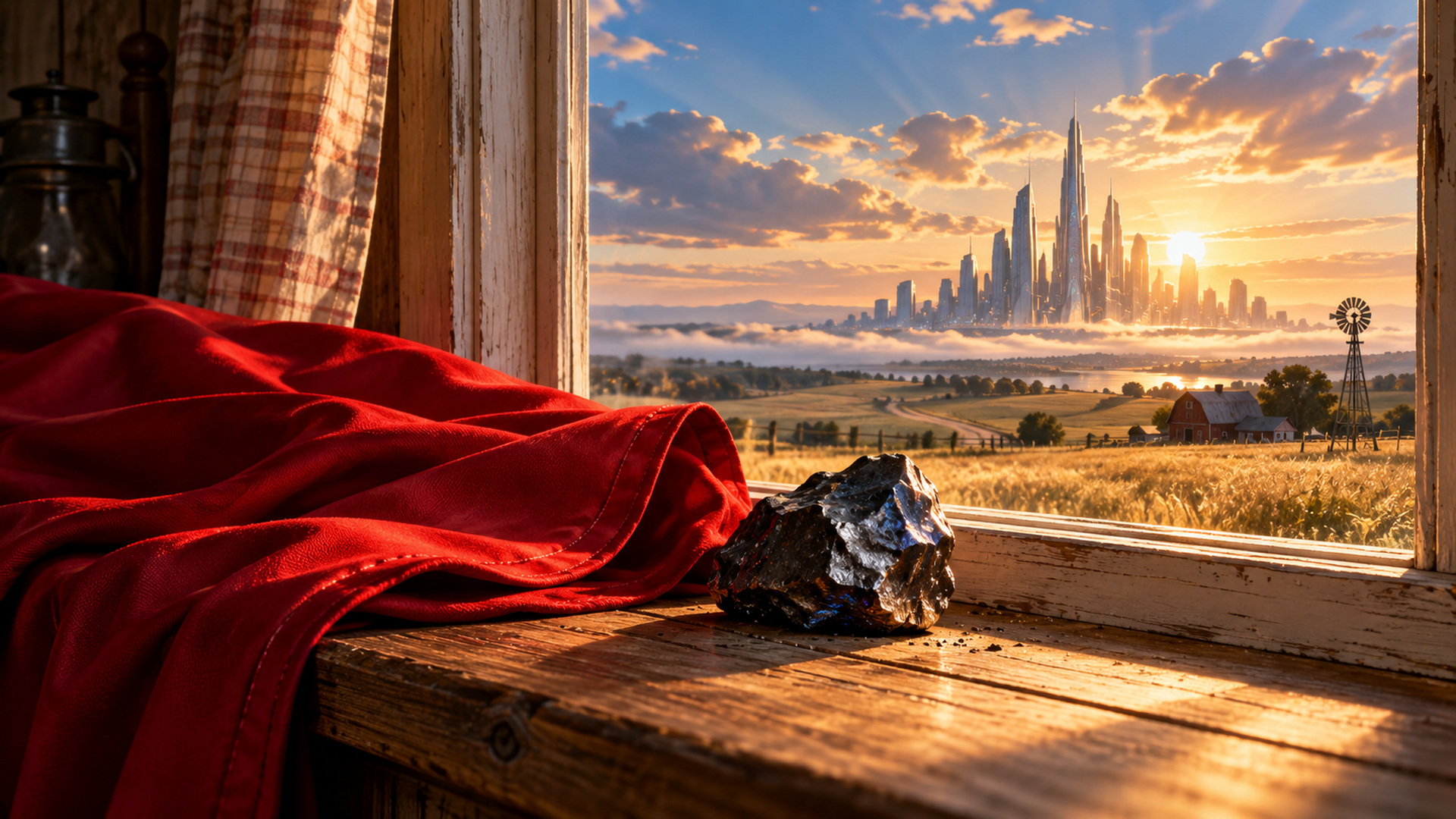A red cape and meteorite on a farmhouse windowsill overlooking fields and a distant futuristic city.