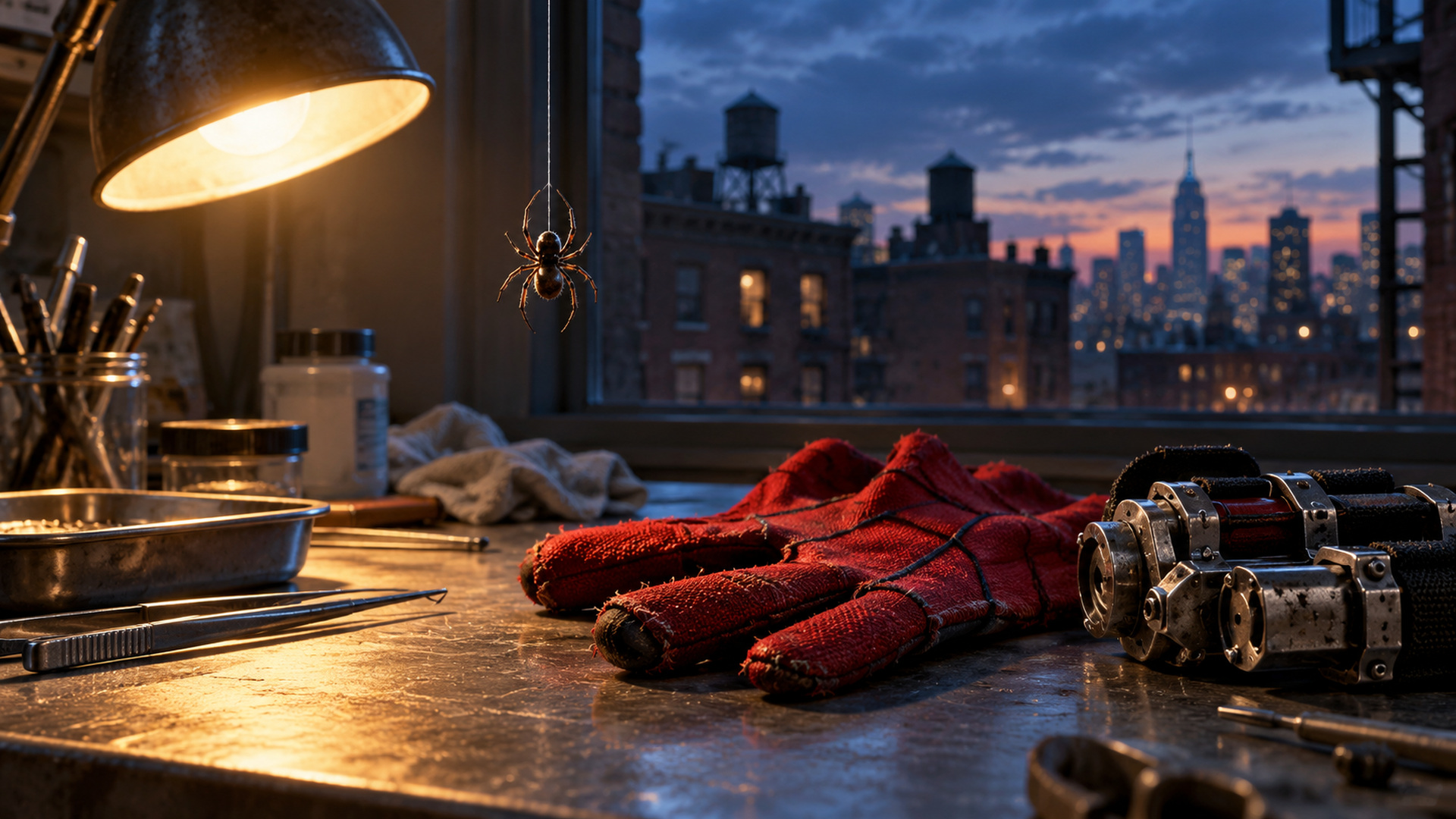 A spider hangs above a workbench holding homemade red gloves and mechanical web-shooters near a window overlooking Queens rooftops.