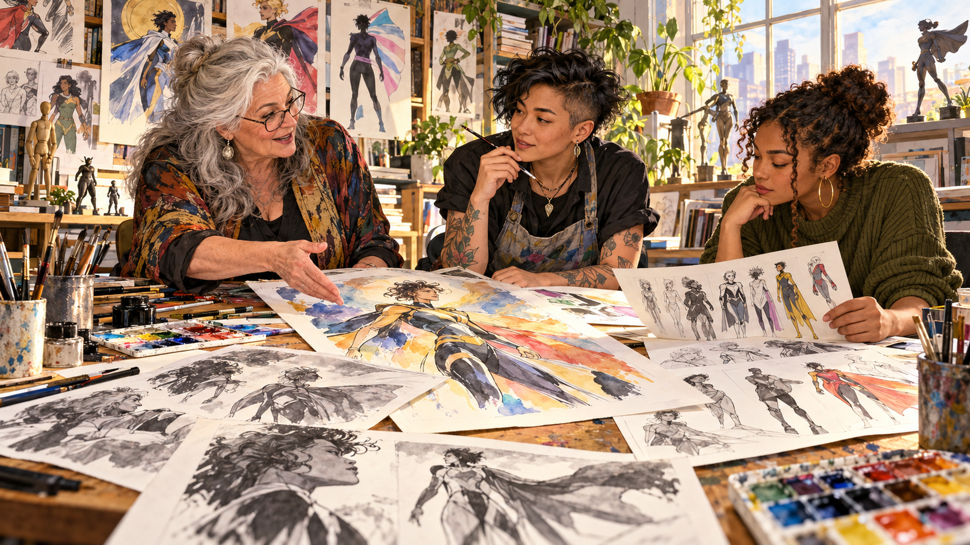 Comic artists of different generations and gender presentations collaborate around an illustrated page at a studio table.